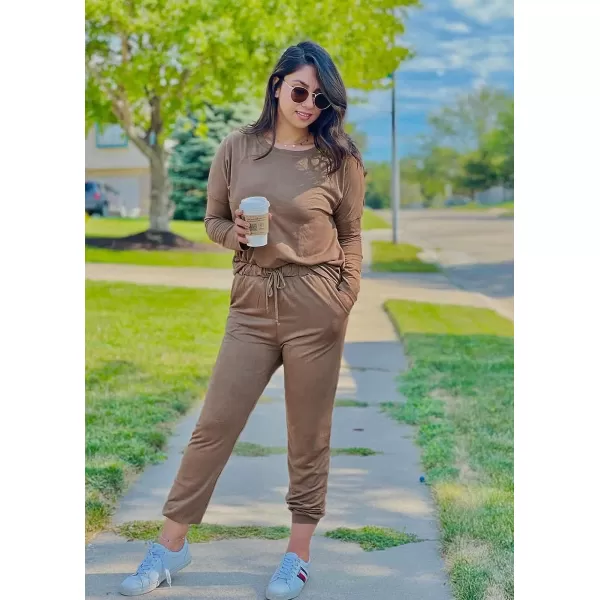 imagePRETTYGARDEN Womens Two Piece Outfit Long Sleeve Crewneck Pullover Tops And Long Pants TracksuitDark Khaki