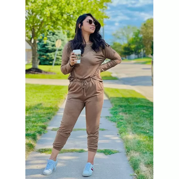 imagePRETTYGARDEN Womens Two Piece Outfit Long Sleeve Crewneck Pullover Tops And Long Pants TracksuitDark Khaki