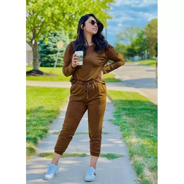 imagePRETTYGARDEN Womens Two Piece Outfit Long Sleeve Crewneck Pullover Tops And Long Pants TracksuitLight Brown