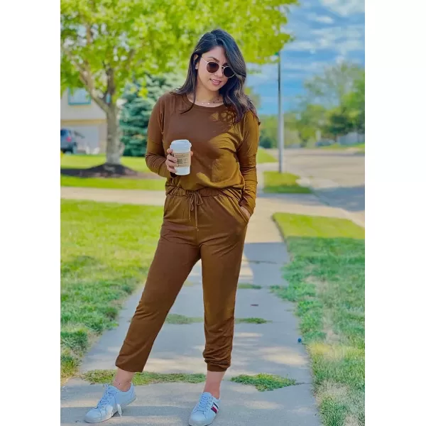 imagePRETTYGARDEN Womens Two Piece Outfit Long Sleeve Crewneck Pullover Tops And Long Pants TracksuitLight Brown