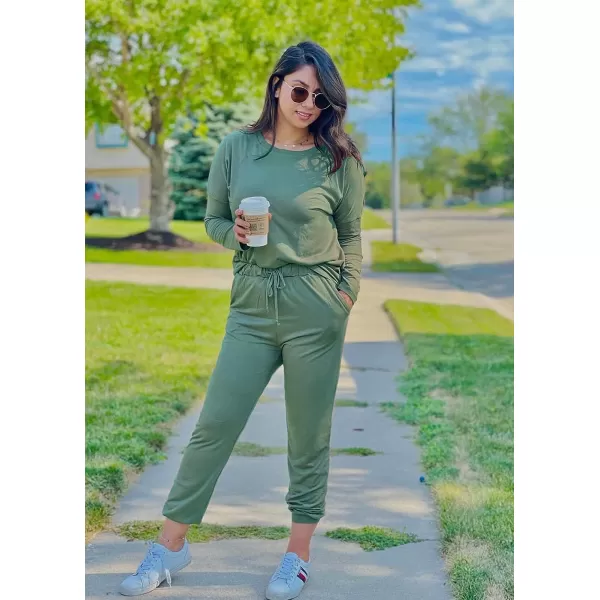 imagePRETTYGARDEN Womens Two Piece Outfit Long Sleeve Crewneck Pullover Tops And Long Pants TracksuitLight Green