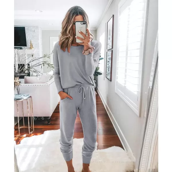imagePRETTYGARDEN Womens Two Piece Outfit Long Sleeve Crewneck Pullover Tops And Long Pants TracksuitLight Grey