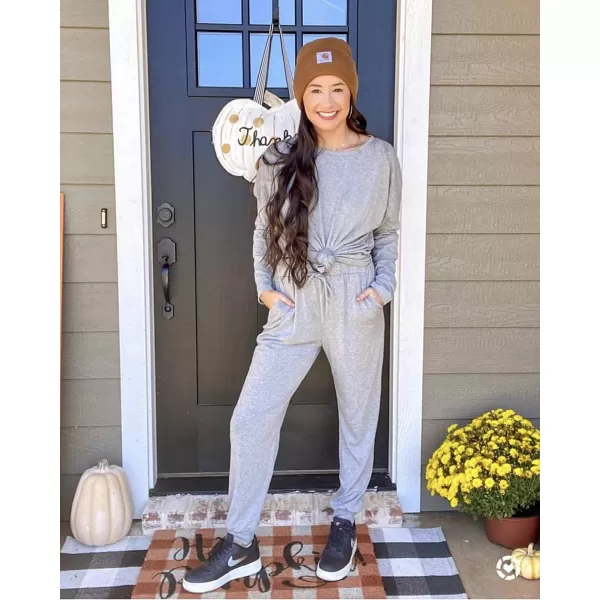 imagePRETTYGARDEN Womens Two Piece Outfit Long Sleeve Crewneck Pullover Tops And Long Pants TracksuitLight Grey