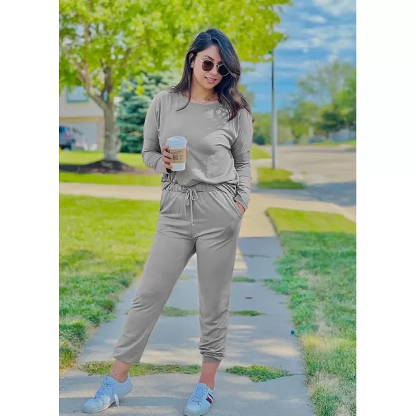 imagePRETTYGARDEN Womens Two Piece Outfit Long Sleeve Crewneck Pullover Tops And Long Pants TracksuitLight Grey