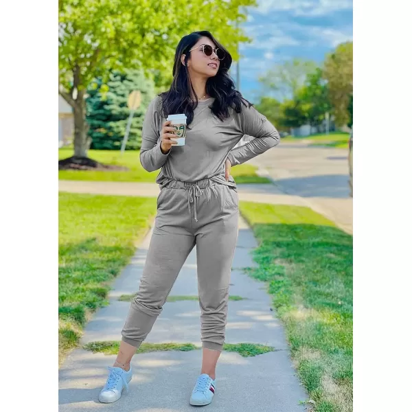 imagePRETTYGARDEN Womens Two Piece Outfit Long Sleeve Crewneck Pullover Tops And Long Pants TracksuitLight Grey
