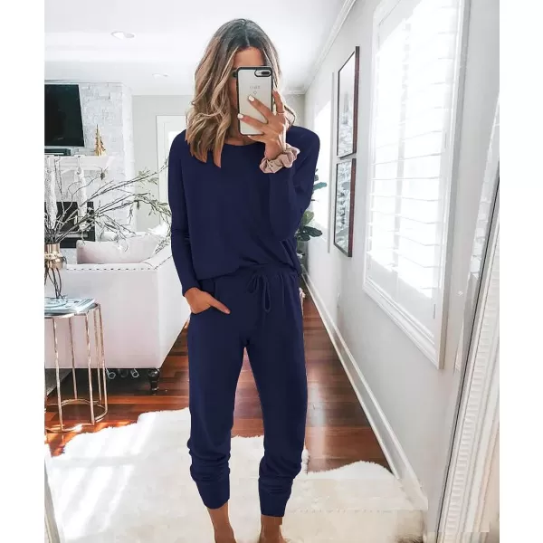 imagePRETTYGARDEN Womens Two Piece Outfit Long Sleeve Crewneck Pullover Tops And Long Pants TracksuitNavy