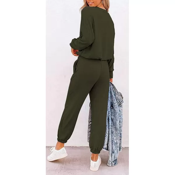 imagePRETTYGARDEN Womens Two Piece Outfit Long Sleeve Crewneck Pullover Tops And Long Pants TracksuitPatternedarmy Green