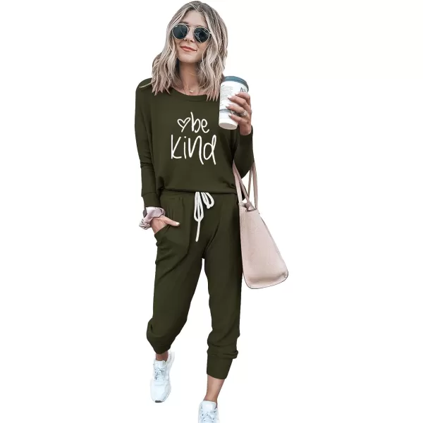 imagePRETTYGARDEN Womens Two Piece Outfit Long Sleeve Crewneck Pullover Tops And Long Pants TracksuitPatternedarmy Green
