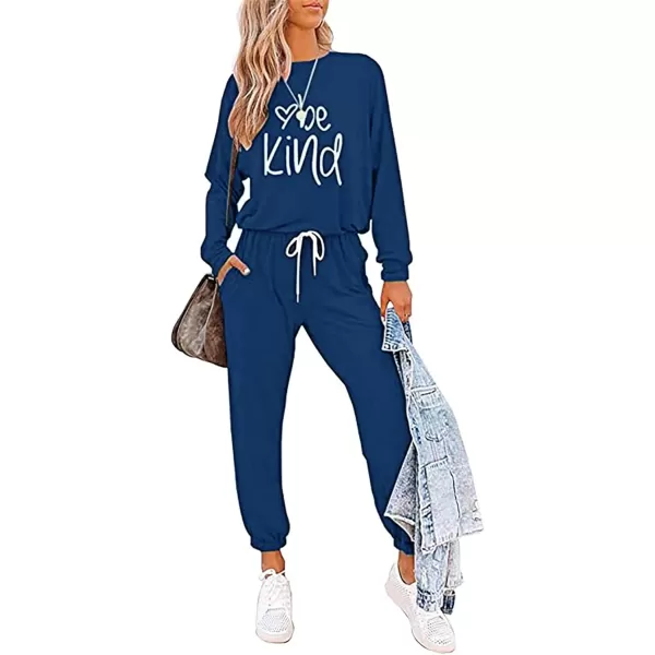imagePRETTYGARDEN Womens Two Piece Outfit Long Sleeve Crewneck Pullover Tops And Long Pants TracksuitPatterneddark Blue
