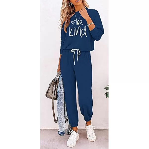 imagePRETTYGARDEN Womens Two Piece Outfit Long Sleeve Crewneck Pullover Tops And Long Pants TracksuitPatterneddark Blue