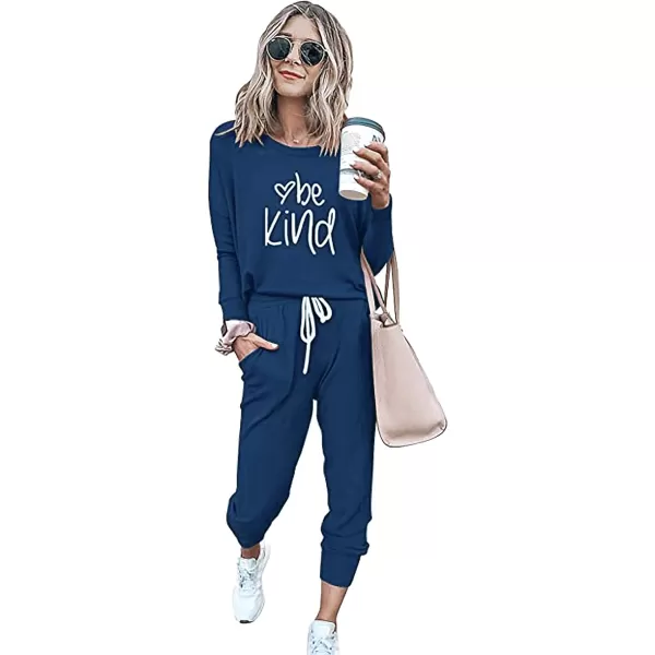 imagePRETTYGARDEN Womens Two Piece Outfit Long Sleeve Crewneck Pullover Tops And Long Pants TracksuitPatterneddark Blue