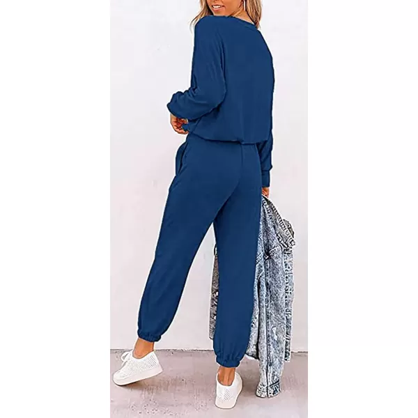 imagePRETTYGARDEN Womens Two Piece Outfit Long Sleeve Crewneck Pullover Tops And Long Pants TracksuitPatterneddark Blue