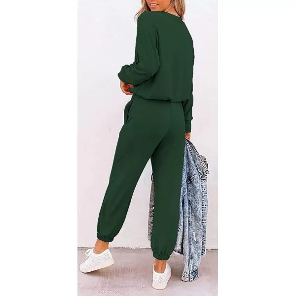 imagePRETTYGARDEN Womens Two Piece Outfit Long Sleeve Crewneck Pullover Tops And Long Pants TracksuitPatterneddark Green