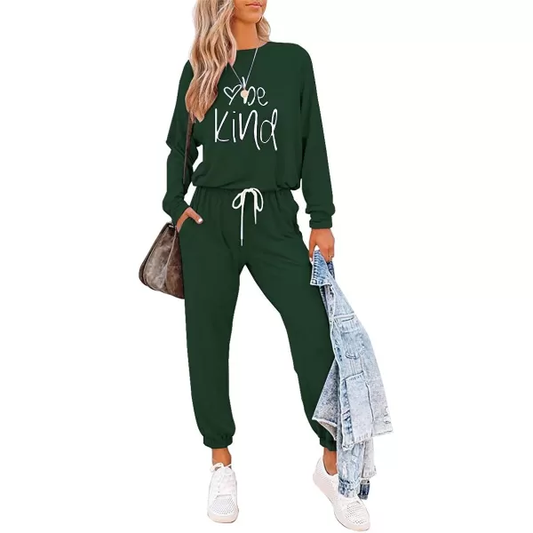 imagePRETTYGARDEN Womens Two Piece Outfit Long Sleeve Crewneck Pullover Tops And Long Pants TracksuitPatterneddark Green