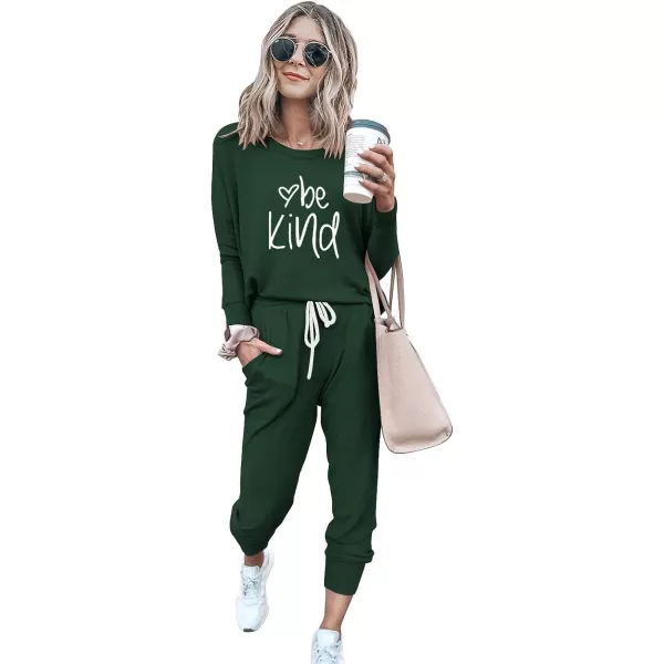 imagePRETTYGARDEN Womens Two Piece Outfit Long Sleeve Crewneck Pullover Tops And Long Pants TracksuitPatterneddark Green