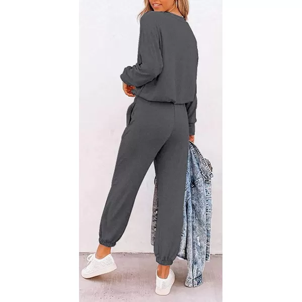 imagePRETTYGARDEN Womens Two Piece Outfit Long Sleeve Crewneck Pullover Tops And Long Pants TracksuitPatterneddark Grey
