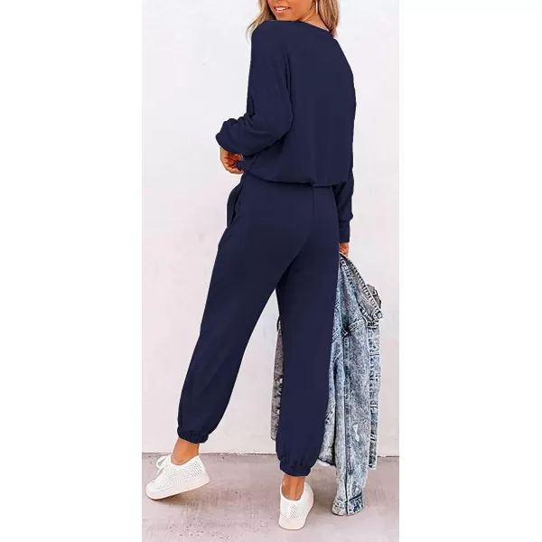 imagePRETTYGARDEN Womens Two Piece Outfit Long Sleeve Crewneck Pullover Tops And Long Pants TracksuitPatternednavy