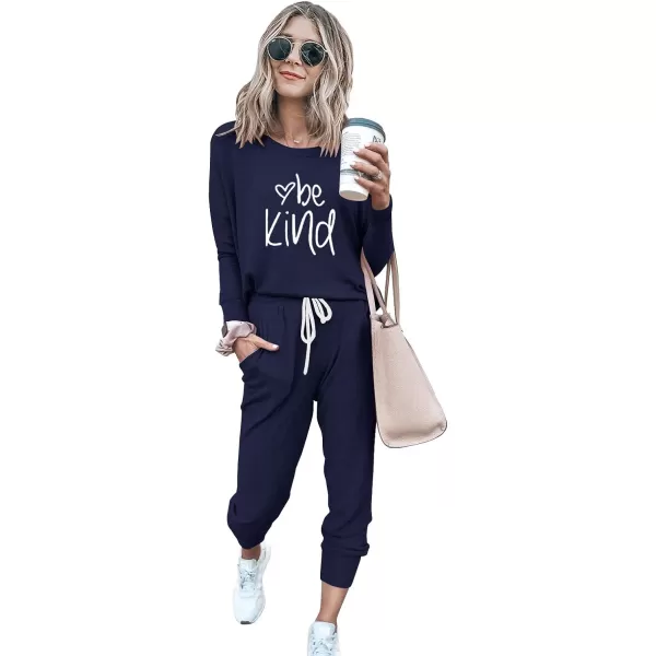 imagePRETTYGARDEN Womens Two Piece Outfit Long Sleeve Crewneck Pullover Tops And Long Pants TracksuitPatternednavy