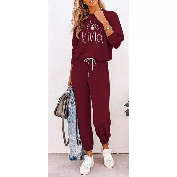 imagePRETTYGARDEN Womens Two Piece Outfit Long Sleeve Crewneck Pullover Tops And Long Pants TracksuitPatternedwine Red