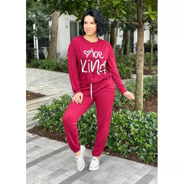 imagePRETTYGARDEN Womens Two Piece Outfit Long Sleeve Crewneck Pullover Tops And Long Pants TracksuitPatternedwine Red