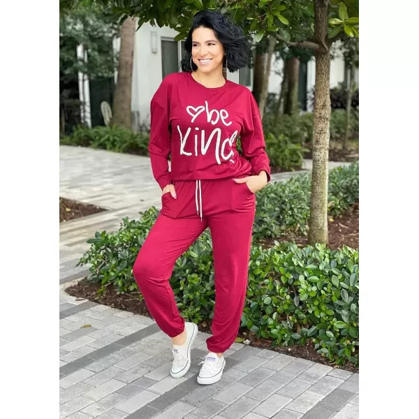 imagePRETTYGARDEN Womens Two Piece Outfit Long Sleeve Crewneck Pullover Tops And Long Pants TracksuitPatternedwine Red
