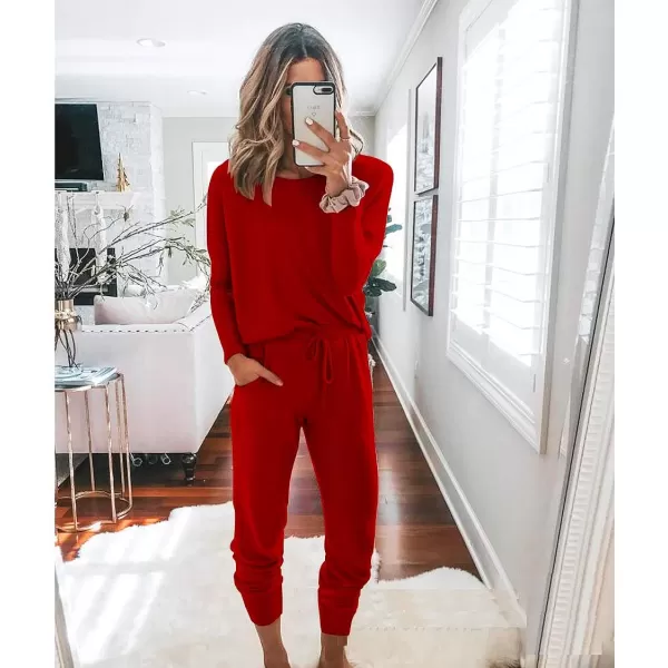 imagePRETTYGARDEN Womens Two Piece Outfit Long Sleeve Crewneck Pullover Tops And Long Pants TracksuitRed