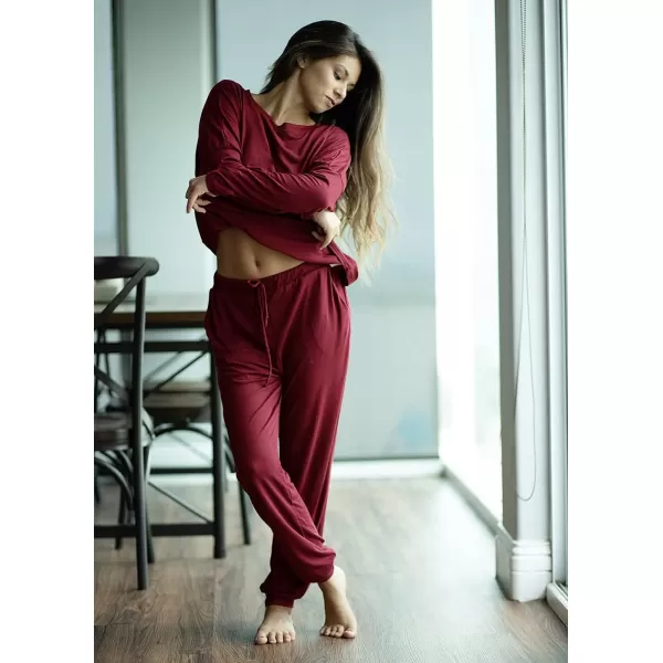 imagePRETTYGARDEN Womens Two Piece Outfit Long Sleeve Crewneck Pullover Tops And Long Pants TracksuitWine Red