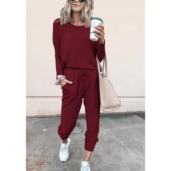 imagePRETTYGARDEN Womens Two Piece Outfit Long Sleeve Crewneck Pullover Tops And Long Pants TracksuitWine Red