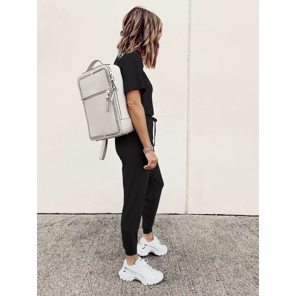 imagePRETTYGARDEN Womens Two Piece Outfit Short Sleeve Pullover with Drawstring Long Pants Tracksuit Jogger SetAblack