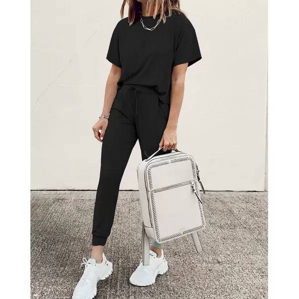 imagePRETTYGARDEN Womens Two Piece Outfit Short Sleeve Pullover with Drawstring Long Pants Tracksuit Jogger SetAblack