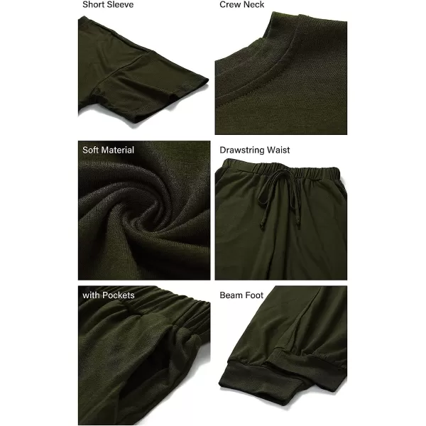 imagePRETTYGARDEN Womens Two Piece Outfit Short Sleeve Pullover with Drawstring Long Pants Tracksuit Jogger SetArmy Green