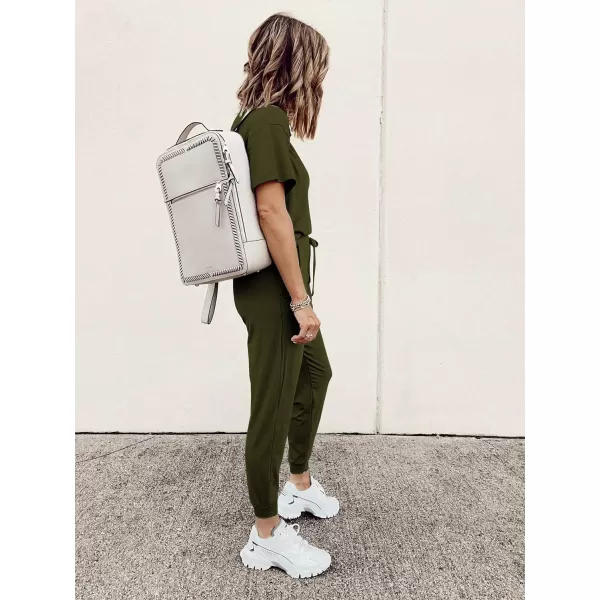 imagePRETTYGARDEN Womens Two Piece Outfit Short Sleeve Pullover with Drawstring Long Pants Tracksuit Jogger SetArmy Green