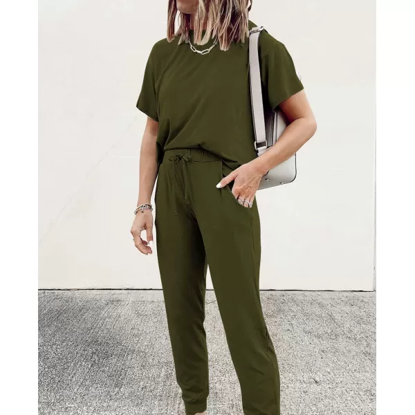 imagePRETTYGARDEN Womens Two Piece Outfit Short Sleeve Pullover with Drawstring Long Pants Tracksuit Jogger SetArmy Green