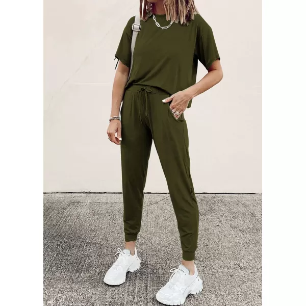 imagePRETTYGARDEN Womens Two Piece Outfit Short Sleeve Pullover with Drawstring Long Pants Tracksuit Jogger SetArmy Green