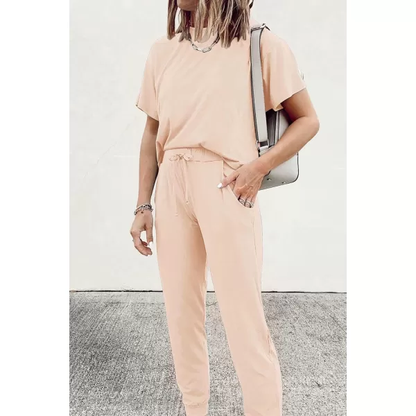 imagePRETTYGARDEN Womens Two Piece Outfit Short Sleeve Pullover with Drawstring Long Pants Tracksuit Jogger SetBeige