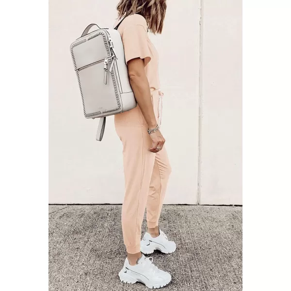 imagePRETTYGARDEN Womens Two Piece Outfit Short Sleeve Pullover with Drawstring Long Pants Tracksuit Jogger SetBeige