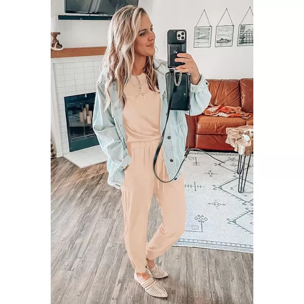 imagePRETTYGARDEN Womens Two Piece Outfit Short Sleeve Pullover with Drawstring Long Pants Tracksuit Jogger SetBeige
