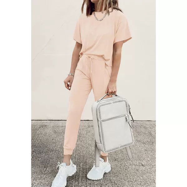 imagePRETTYGARDEN Womens Two Piece Outfit Short Sleeve Pullover with Drawstring Long Pants Tracksuit Jogger SetBeige