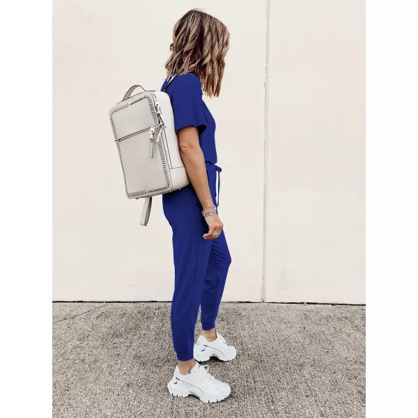 imagePRETTYGARDEN Womens Two Piece Outfit Short Sleeve Pullover with Drawstring Long Pants Tracksuit Jogger SetBlue