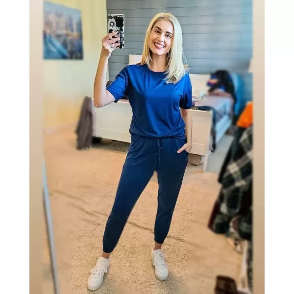 imagePRETTYGARDEN Womens Two Piece Outfit Short Sleeve Pullover with Drawstring Long Pants Tracksuit Jogger SetBlue