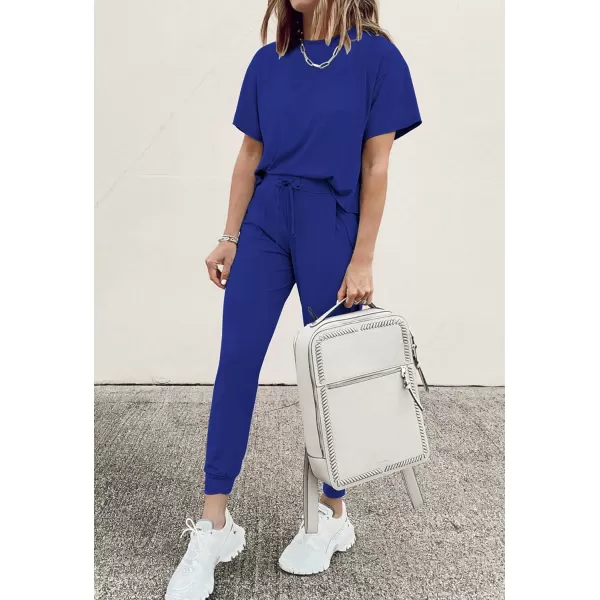 imagePRETTYGARDEN Womens Two Piece Outfit Short Sleeve Pullover with Drawstring Long Pants Tracksuit Jogger SetBlue