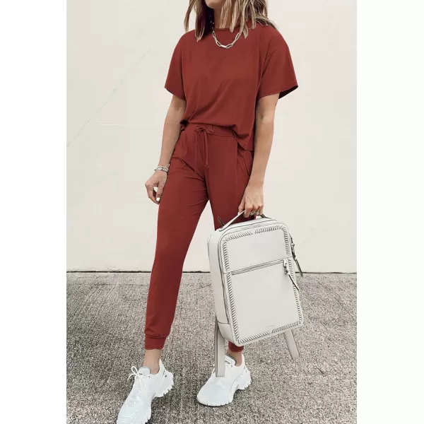 imagePRETTYGARDEN Womens Two Piece Outfit Short Sleeve Pullover with Drawstring Long Pants Tracksuit Jogger SetBrick Red