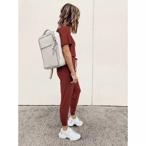 imagePRETTYGARDEN Womens Two Piece Outfit Short Sleeve Pullover with Drawstring Long Pants Tracksuit Jogger SetBrick Red