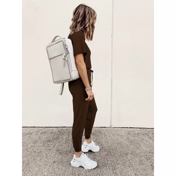 imagePRETTYGARDEN Womens Two Piece Outfit Short Sleeve Pullover with Drawstring Long Pants Tracksuit Jogger SetBrown