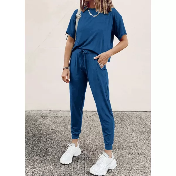 imagePRETTYGARDEN Womens Two Piece Outfit Short Sleeve Pullover with Drawstring Long Pants Tracksuit Jogger SetDark Blue