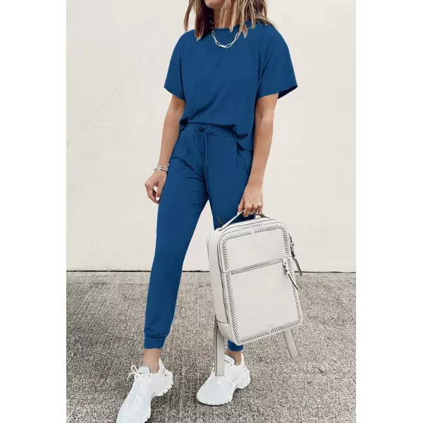 imagePRETTYGARDEN Womens Two Piece Outfit Short Sleeve Pullover with Drawstring Long Pants Tracksuit Jogger SetDark Blue