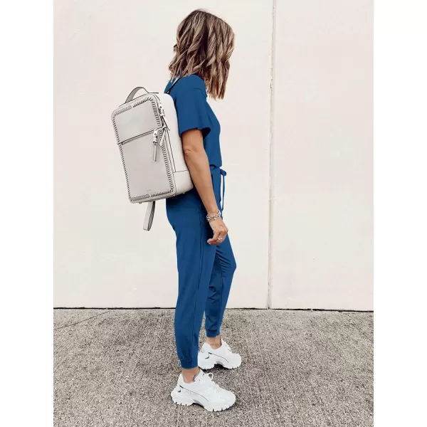 imagePRETTYGARDEN Womens Two Piece Outfit Short Sleeve Pullover with Drawstring Long Pants Tracksuit Jogger SetDark Blue