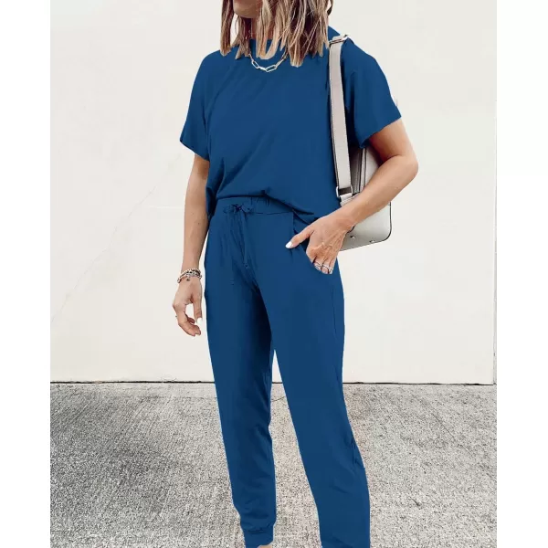 imagePRETTYGARDEN Womens Two Piece Outfit Short Sleeve Pullover with Drawstring Long Pants Tracksuit Jogger SetDark Blue