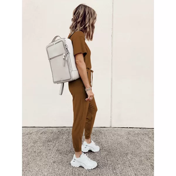 imagePRETTYGARDEN Womens Two Piece Outfit Short Sleeve Pullover with Drawstring Long Pants Tracksuit Jogger SetDark Brown