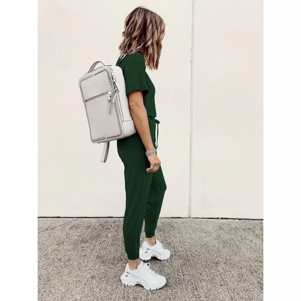 imagePRETTYGARDEN Womens Two Piece Outfit Short Sleeve Pullover with Drawstring Long Pants Tracksuit Jogger SetDark Green